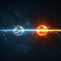 Aufkleber - Clash of Elements: Blue and Orange Spheres Connected by Light Beams, Representing Connection, Energy, and Opposing Forces