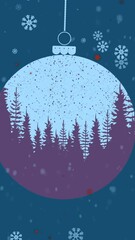 Poster - Animation of snow falling over christmas bauble with trees on blue background