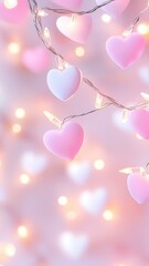 Poster - Festive holiday twinkling displaying heart shaped ornament, pink fairy lights, pine cones, white baubles decorating soft scene background