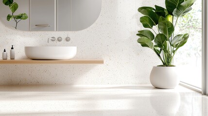 Poster - Minimalist bathroom featuring green tiles, floating vanity with vessel sink, creating botanical accents terrazzo sleek contemporary design