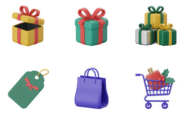 Aufkleber - Six 3 D Rendered Plastic Icons Set Isolated on White Backgrounds Teal Green Purple Red Yellow Gift Boxes Shopping Bag Price Tag Shopping Cart Perfume Bottle P N G Cutout Clipping Path