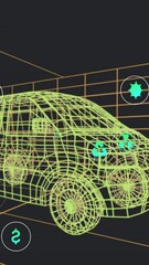 Poster - Animation of multiple digital icons over 3d van model moving in seamless pattern on black background