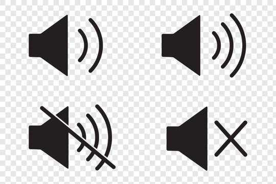 Speaker icon set. Volume and Speaker Icon Set of Mute, Unmute, and Audio Sound Symbols in Silhouette Vector Style on  transparent background. 