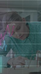 Poster - Animation of statistical data processing over caucasian female architect working on her model