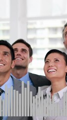 Poster - Animation of graph over smiling diverse coworkers holding shoulders and looking up in office