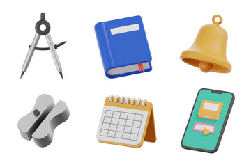 Aufkleber - A 3 D Rendered Icon Set Featuring a Compass Pencil Sharpener Blue Book Yellow Bell Desk Calendar and Smartphone App on Black Backgrounds Isolate on White Transparent P N G Cutout