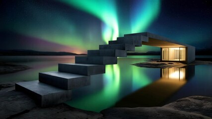 Poster - Minimalist modern architecture of a wooden house with stairs leading to an illuminated porch surrounded by a night landscape with a lake reflecting the northern lights, stars