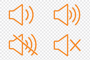 Poster - Speaker icon set. Mute and unmute volume sound icons set. No speaker sound or keep silence icon. Vector isolated Volume icon set in black outline.