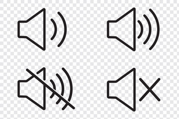 Poster - Speaker icon set. Mute and unmute volume sound icons set. No speaker sound or keep silence icon. Vector isolated Volume icon set in black outline.