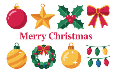 Poster - A Cheerful Christmas Greeting Card Featuring Red Gold and Green Ornaments Holly Berries Star Bow Wreath and String Lights on Black Background Merry Christmas Text