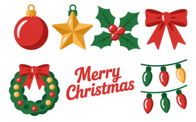 Aufkleber - A Set of Cheerful Christmas Icons Featuring Red Gold and Green Ornaments Holly Berries a Wreath String Lights and a Merry Christmas Greeting on a Black Background