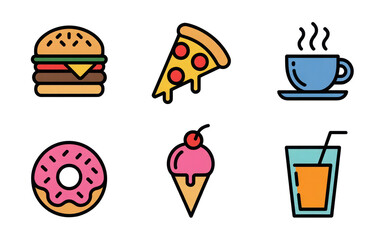Aufkleber - Six Colorful Food And Drink Icons Set Burger Pizza Coffee Donut Ice Cream Juice Black Line Art Style Isolate On White Transparent P N G Backgrounds Cutout Clipping Path Social Media