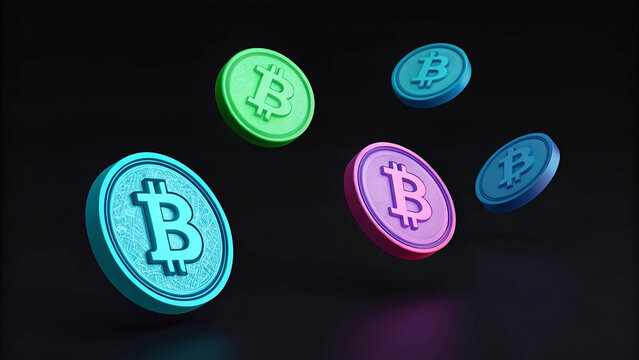3D bitcoins fall onto a black background, forming a symbolic web illustration for money and business concepts