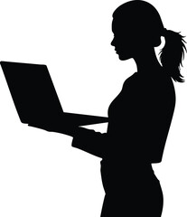 Poster - Woman silhouette working on laptop technology device with ponytail hairstyle vector illustration