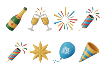 Aufkleber - Festive New Years Eve Celebration 3 D Rendered Icons Set Gold Yellow Blue Red Green White Party Poppers Champagne Bottle Glasses Fireworks Star Balloon Isolated on White Background P N G