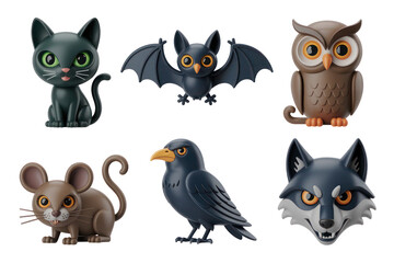 Aufkleber - Six Stylized Halloween Animals Isolated on White Backgrounds Transparent P N G Cutout Clipping Path Social Media Line Art Black Full H D 4 K Image Set Bundle Photo Picture Stock New