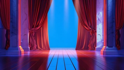 Poster - A stage with a red curtain on a wooden floor, suitable for performances or presentations