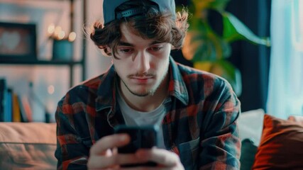 Poster - A person relaxing on a sofa while checking their mobile device, ideal for illustrating leisure time or personal activities