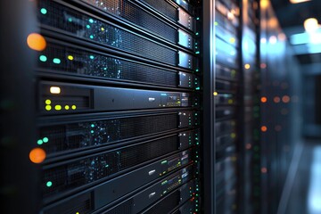 Poster - Detailed view of modern server racks with blinking green and orange indicators in a high-performance data center, representing digital infrastructure and secure cloud computing