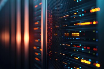 Poster - Dark server rack with glowing orange and blue LED lights in a high-security data center, highlighting cloud technology, digital storage, and modern IT infrastructure systems
