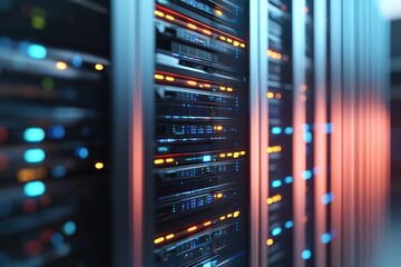 Poster - Colorful LED-lit server racks in a modern data center, representing cloud computing, fast digital storage, and advanced IT infrastructure for enterprise and online services