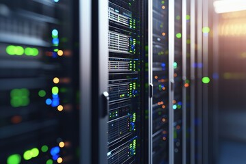 Poster - Modern server racks with green and blue LED lights in a secure data center, representing advanced cloud computing, digital storage, and IT infrastructure for network solutions