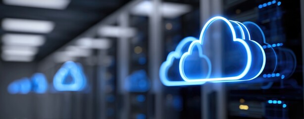 Poster - 3D cloud symbol glowing in a modern server room, representing digital data storage, networking infrastructure, and cloud computing technologies for business and enterprise use