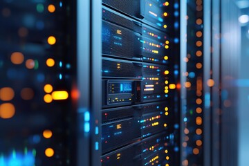 Poster - Modern data center interior with glowing server racks and LED indicators, showcasing cloud infrastructure, network storage, and high-speed digital computing systems