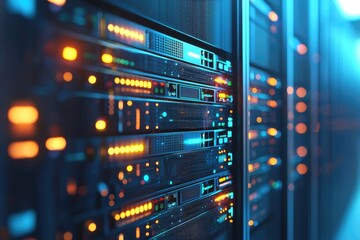 Poster - Brightly illuminated data servers in a high-tech data center environment, symbolizing cloud computing, IT infrastructure, and secure digital storage systems for enterprise use