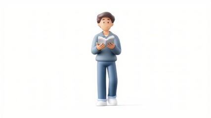 Poster - 3D Animated Man Reading Book, Isolated on White Background