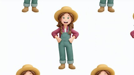 Poster - Animated Farmer Girl Character: 3D Render with Seamless Pattern on White