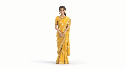 Poster - Animated Indian Woman in Yellow Saree, Isolated on White Background