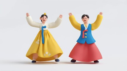 Poster - Animated Korean Couple in Traditional Hanbok Greeting Each Other