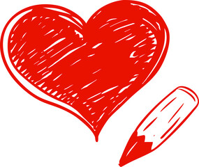 Poster - A Vivid Red Heart with Scribbled Texture and a Pencil Drawing on a Transparent Background, Representing Creativity and Artistic Expression with a Bold Design