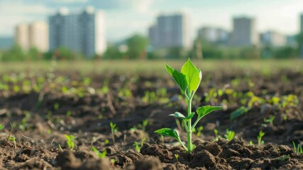 Aufkleber - A plant sprouts in a green field with a city skyline in the background, ideal for uses such as urban gardening or environmental themes