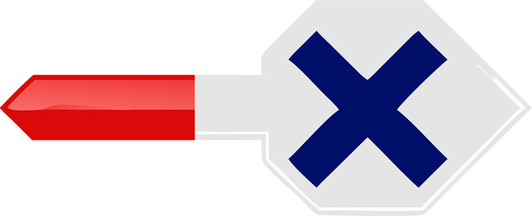 Poster - Red Arrow Leading to a Blue Cross A Visual Metaphor for Making a Choice or Decision with a Clear Direction and a Definitive Outcome on Transparent Backdrop