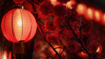 Poster - A bunch of red lanterns hang from the branches of a tree, creating a warm and cozy atmosphere