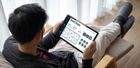 Poster - Smart home technology, centric remote control system with digital dashboard for air conditioning, safety security network or house automation. App software, ui panel programming IOT monitor snugly