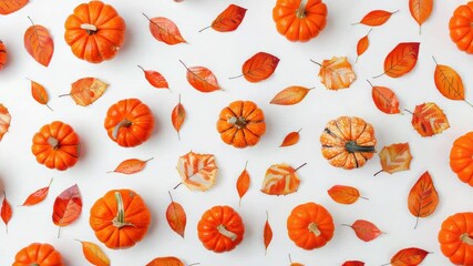Aufkleber - Fresh pumpkins and autumn leaves on a white background, perfect for fall decorations or seasonal themes