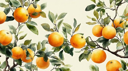 Wall Mural - beautiful watercolor illustration of orange trees with vibrant fruits and lush green leaves, creatin