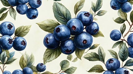 Wall Mural - a beautiful watercolor illustration of fresh blueberries surrounded by vibrant green leaves, perfect