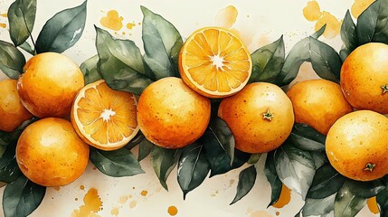 Wall Mural - vibrant watercolor illustration of oranges and green leaves, showcasing fresh fruit in a beautiful a