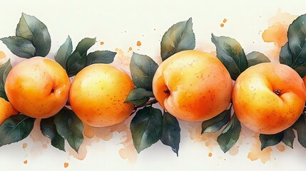 Wall Mural - a vibrant watercolor illustration of ripe apricots and green leaves, showcasing a fresh, summery fee