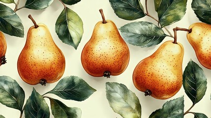 Wall Mural - a beautifully arranged pattern of ripe pears and green leaves, perfect for food-themed designs, illu