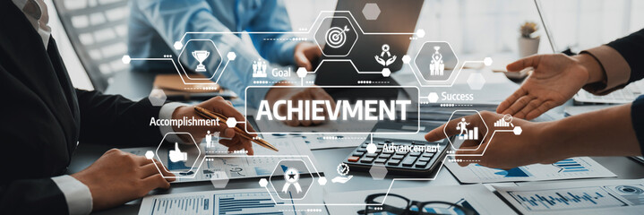 Poster - Business Achievement and Success Concept with Hands, Charts, and Digital Icons Representing Goals and Accomplishments in a Modern Office Setting. Amity
