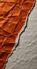 Poster - Orange and gray crumpled paper textures meet at a jagged edge, creating a contrasting backdrop ideal for text or design elements, showcasing a raw and artistic feel
