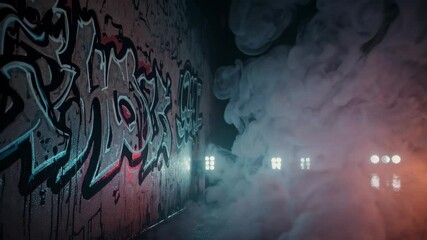 Wall Mural - Mystical smoke rising along the concrete wall illuminated by flashing lights, night scene with fog, horror style seamless abstract background