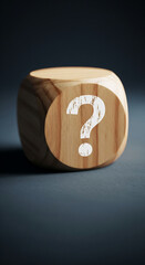 Poster - Wooden cube with a question mark, showcasing uncertainty or inquiry.  Simple, clean design ideal for concepts related to questions, answers, or problem-solving.