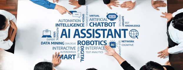 Poster - A dynamic group discusses the future of AI assistants, highlighting their role in automation and robotics. The table showcases various keywords reflecting innovation in technology. Amity