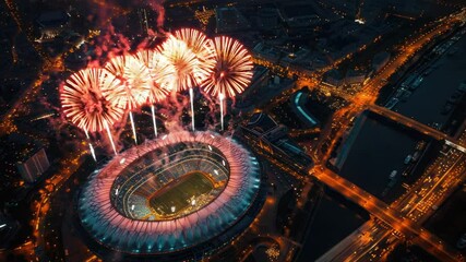 Poster - Aerial shot of a stadium at night, with bright lights illuminating the exterior